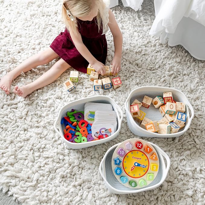 NaturalCozy 5-Piece Rectangle Storage Basket Set- Natural Cotton Rope Woven Baskets for Organizing! Small Basket for Montessori, Baby Nursery, Dog Toy Baskets, Cat Toy Box, Bathroom Organization Bin