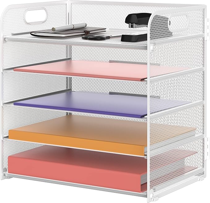 Supeasy 5 Trays Paper Organizer Letter Tray with Handle-Mesh Desk File Holders, Paper Sorter Desk Organizer for Office, Home, Classroom or School, White