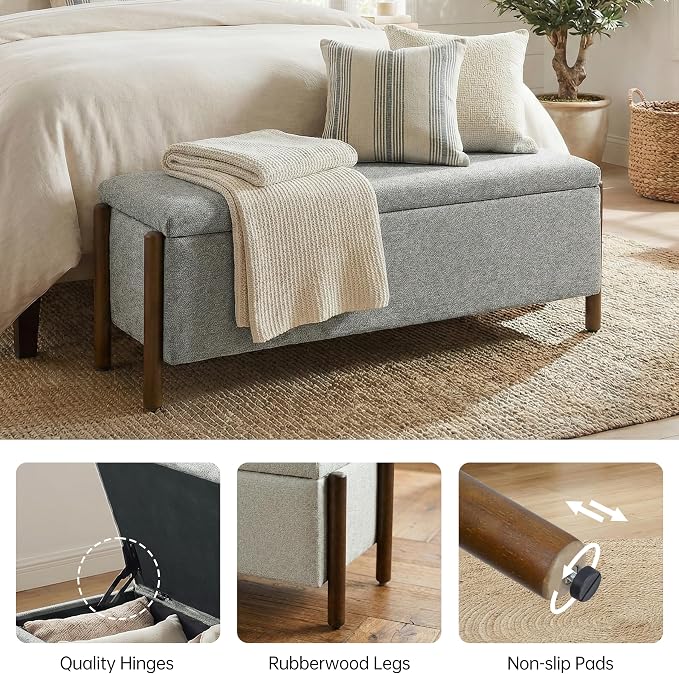 Usaint Wooden Storage Ottoman Bench, 47" Fabric Upholstered End of Storage Bench with Rubberwood Legs, Entryway Bench with Storage for Bedroom, Living Room, Reception, Cloakroom, Grey