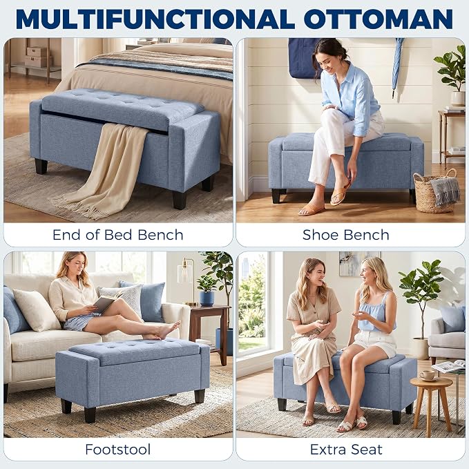 HOMCOM 36.6" Tufted Fabric Rectangular Storage Ottoman Bench Dark Gray | With Armrests, Wooden Legs, Holds up to 528 lbs, for Entryway Living Room Bedroom