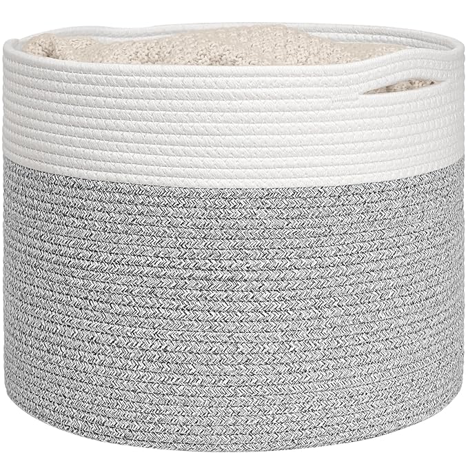 Goodpick Woven Blanket Basket Living Room, Toy Bin for Playroom, 45L | 15.8 x 15.8 x 13.8 In Toy Storage Basket for Nursery, Blanket Basket for Living room, Laundry Basket, Light & Grey