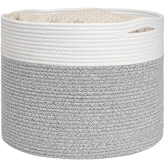Goodpick Woven Blanket Basket Living Room, Toy Bin for Playroom, 45L | 15.8 x 15.8 x 13.8 In Toy Storage Basket for Nursery, Blanket Basket for Living room, Laundry Basket, Light & Grey