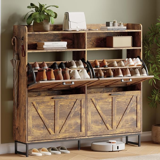 Shoe Cabinet with 4 Flip Drawers, Freestanding Hidden Shoe Storage Organizer for Entryway, Narrow Slim Shoe Rack Cabinet with Open Storage & Hooks for Front Door Entrance, Living Room, Hallway, Brown