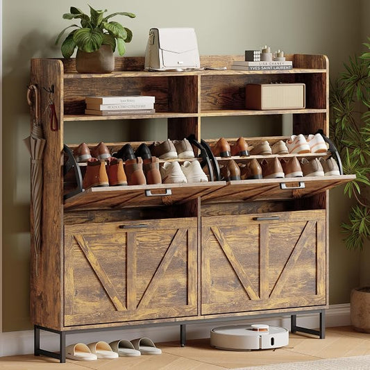 Shoe Cabinet with 4 Flip Drawers, Freestanding Hidden Shoe Storage Organizer for Entryway, Narrow Slim Shoe Rack Cabinet with Open Storage & Hooks for Front Door Entrance, Living Room, Hallway, Brown