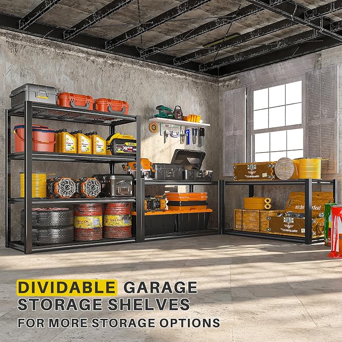 REIBII 40" W Storage Shelves with Wire Mesh Panels for Garage Organization | 560Lbs/tier, 40" W x 19.5" D x 59.5" H, Adjustable, 4-Tier, Double-Layer Frame, Rustproof Finish, for Basement Warehouse, 3Pc