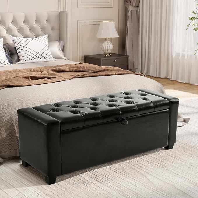 Royal Windsor Ottoman with Storage,Tufted Storage Bench with Safety Hinge,Holds up to 350 lb,Upholstered Bench with Seating for Bedroom, Living Room,Entryway,Leather Black