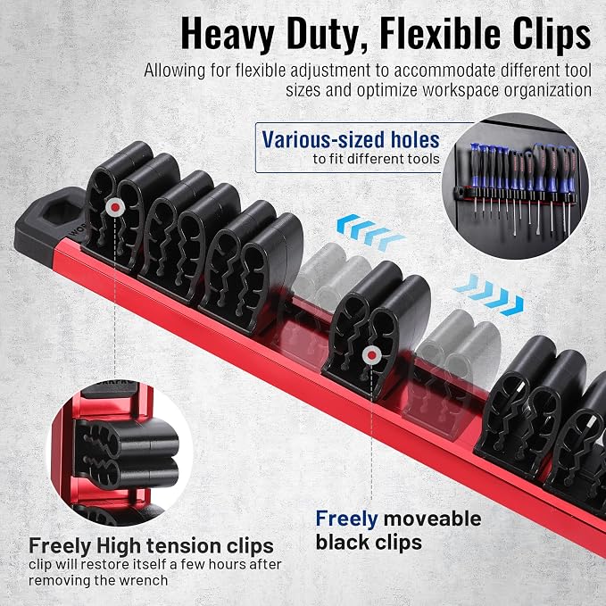 WORKPRO Magnetic Screwdriver and Wrench Organizer Set, 36-Slot Tool Holders | 3-Pack Aluminum Rails, Magnetic Force, Flexible High-Tension Tool Clips, For Tool Box Drawer & Wall-Mount Storage