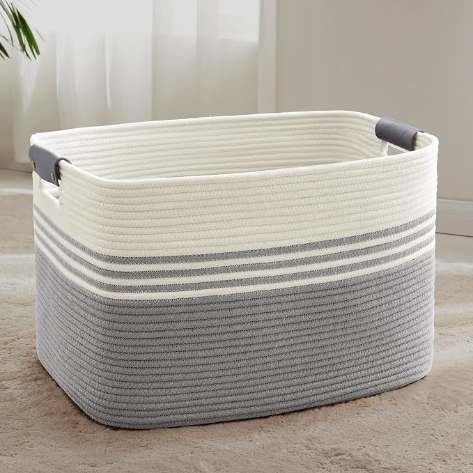 86L Large Woven Laundry Basket Hamper with Leather Handles,Grey | collapsible wicker hamper, storage for dirty clothes, toys, blankets, gifts, living room, bedroom, bathroom, 24"x16"x14"