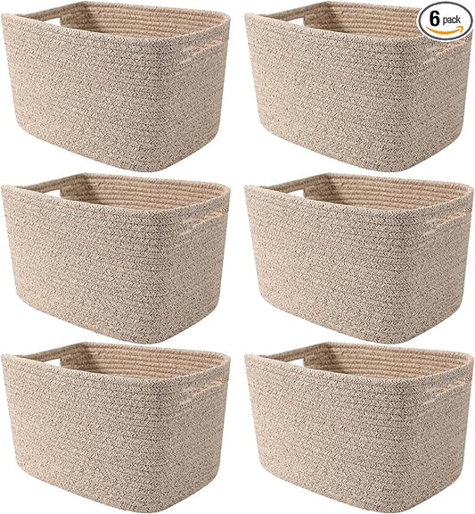 6 Pack Woven Rope Baskets, 12.6"×9"×7.8" Storage Bins, Brown | Storage Boxes for Toys, Books, Towels, Clothes, Shelf Baskets Organizer,Empty Gift Baskets for Living Room, Bathroom, Bedroom