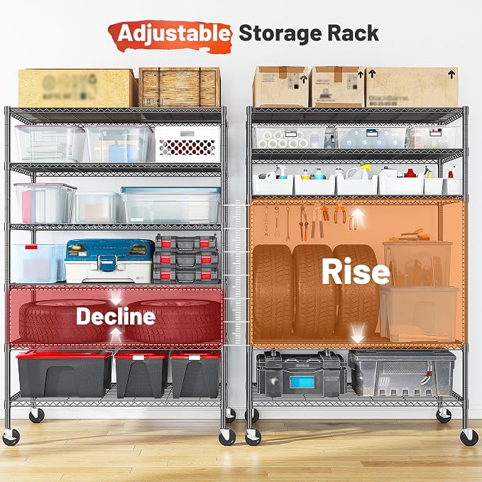 Romorgniz Storage Shelves with Wheels, 6 Tier Wire Shelving Adjustable Metal Shelving Pantry Shelves Capacity 1200LBS for Garage, Pantry, Kitchen, Office,82" H X45 W X18 D,Black,4P