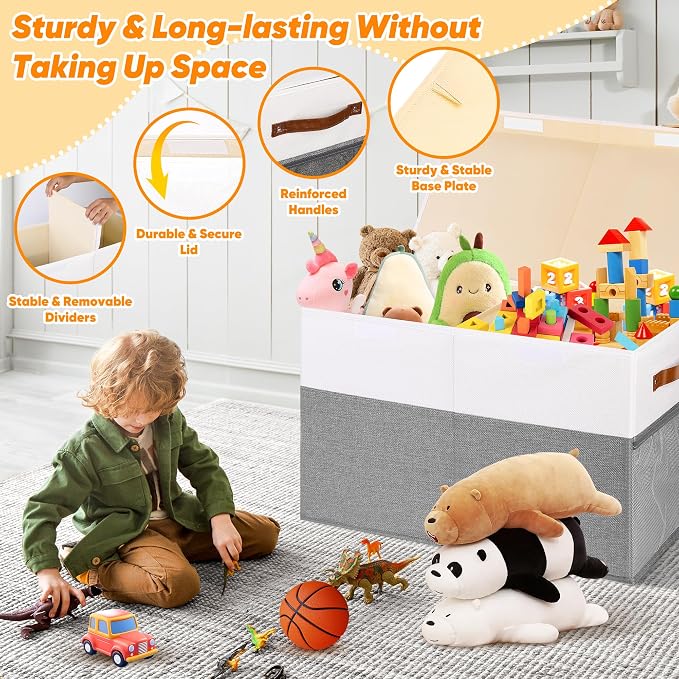Large Toy Box, Collapsible Toy Storage Chest Bin With Lids, 25"x13"x16" | Sturdy Kids Storage Organizer with 2 Pockets and Dividers, Playroom Bedroom Nursery Organization, White & Gray