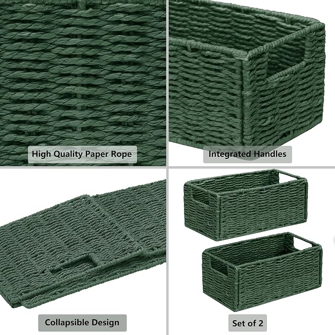 Vagusicc Wicker Storage Basket, Set of 2 Hand-Woven Paper Rope Wicker Basket, Small Storage Baskets for Organizing Toilet Paper, Foldable Small Cube Organizer Bins for Shelves and Bathroom (Green)
