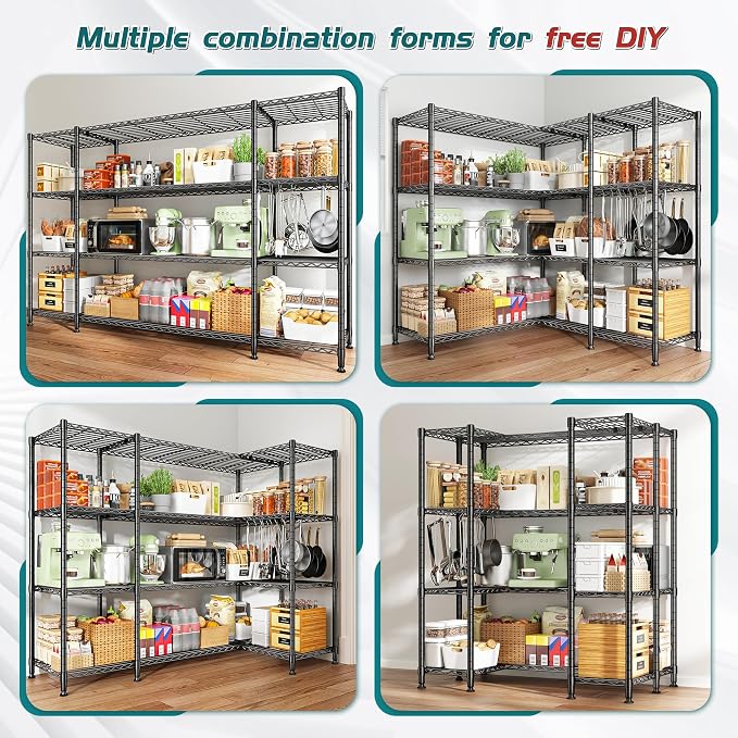 REIBII 78.4''W Storage Shelves, 1500LBS Heavy Duty&Space Saving for Garage | 4 Tier Adjustable Wire Shelving, Powder Coated, Tool-Free Metal Shelving, Scratch Resistant, Rust-resistant, three regular