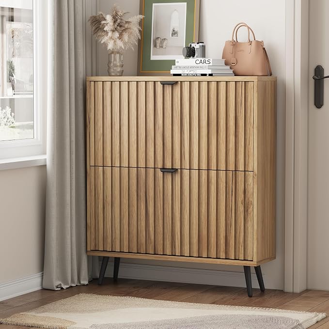 Shoe Storage Cabinet, Fluted Shoe Cabinet Storage for Entryway, Hidden Shoe Cabinet with Metal Legs,Shoe Organizer Cabinet with Flip Doors, Slim Entryway Shoe Storage Cabinet, Natural Wood-31.5in