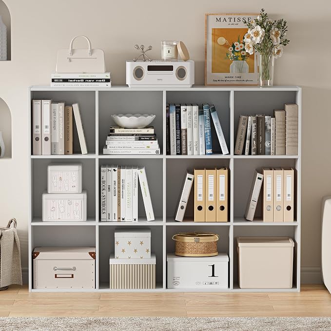 VDNEND Wooden Cube Storage Organizer with Closed Back Panel, 11in Cube Shelf Opening, Bookshelf, Display Shelf,Closet Cabinet for Home and Office (Embossed White, 12-Cube 35.98L*9.45W*47.72H)