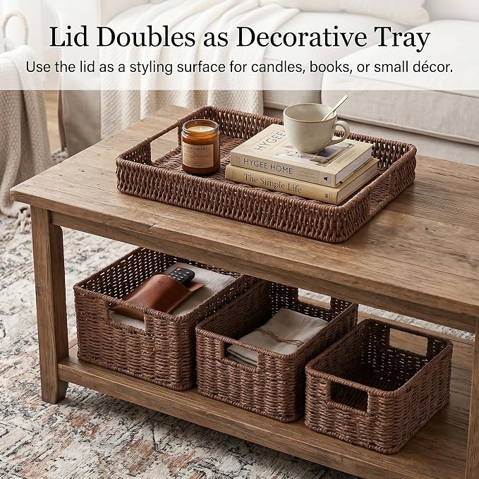 Wicker Storage Basket with Lid for Shelves, 3-Basket Set, Dark Brown | One rectangular wicker basket with lid and two open baskets for decorative shelf storage; removable lid flips into a tray.