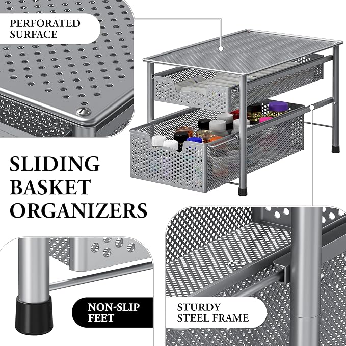 Simple Houseware Stackable 2 Tier Sliding Basket Organizer Drawer, Silver
