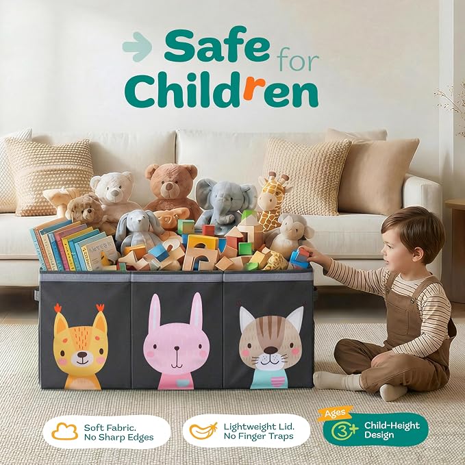 SoftOwl Extra Large Toy Storage Organizer with Lid - Sturdy, Collapsible Toy Chest Storage Box with Cute Design - Toys Bin with Dividers for Kids, Boys, Girls, Nursery, Bedroom, Play room 37"x16"x14"