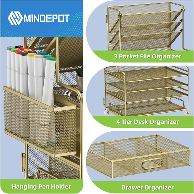 MINDEPOT 4-Tier Paper Organizer + 3-Pocket File Holder + Drawer + Pen Holders, Desktop File Organizers Paper Tray for Office Supplies School Classroom Organization (Gold, with Drawer & Pen Holder)