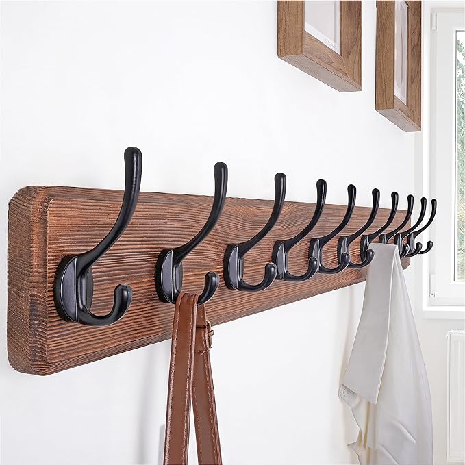 SKOLOO Rustic Wall Mounted Coat Rack, Case of 2, Pine Solid Wood Coat Hook Hanger - 10 Hooks for Hanging Clothes Robes Towels Coats