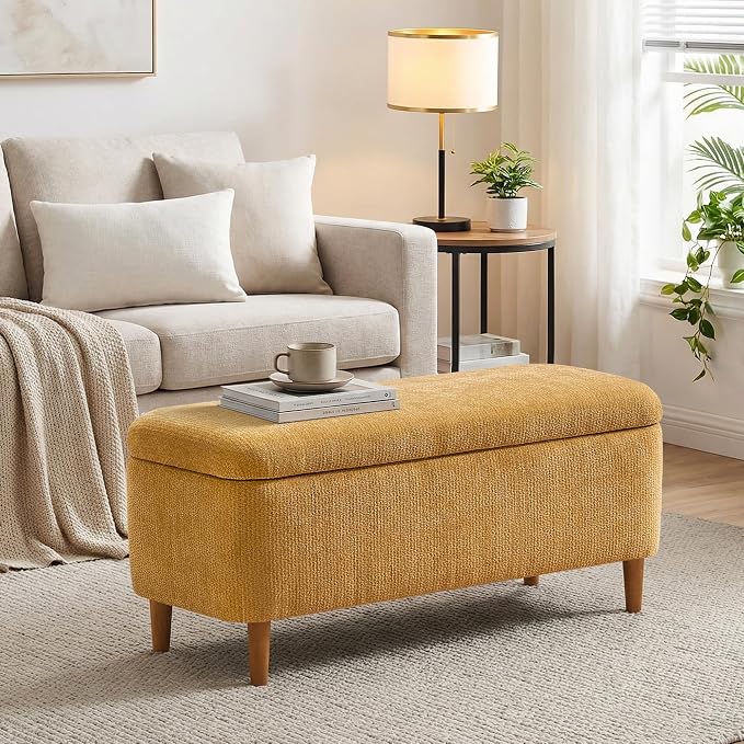 39.4”Ottoman with Storage Set of 2,Upholstered Comfy Storage Bench Ottoman with Wooden Legs,End of Bed Bench Footstool for Hallway Entryway Bedroom Living Room Corner Yellow