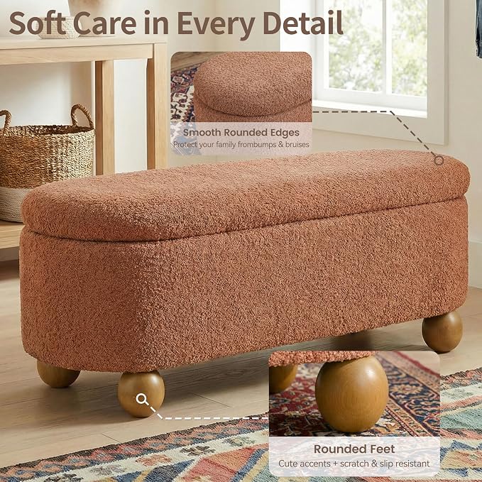 VKNOW 44.8" Storage Ottoman Bench End of Bed Bench with Hinge, Orange | Cute Spherical Solid Wood Stool Legs, Comfortable Fabric, No Assembly, Bedroom Living Room Entryway Dressing Areas