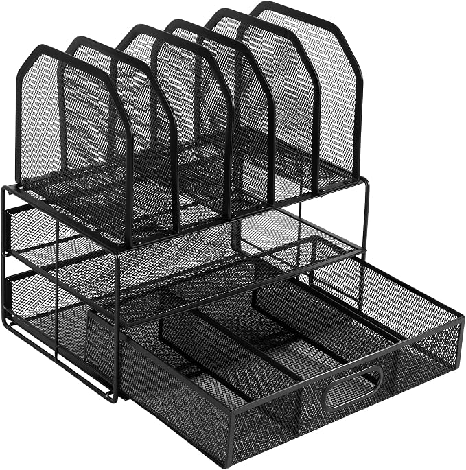 Amazon Basics Mesh Desk Organizer with Sliding Drawer, Double Tray and 5 Upright Sections, File Holder for Office Supplies, Paper Letter Tray, Black