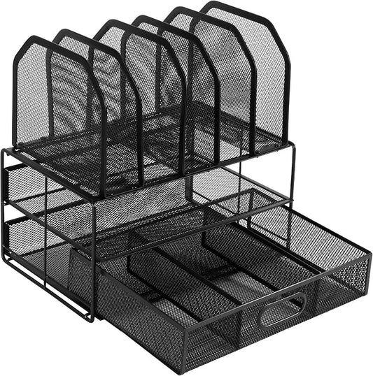 Amazon Basics Mesh Desk Organizer with Sliding Drawer, Double Tray and 5 Upright Sections, File Holder for Office Supplies, Paper Letter Tray, Black