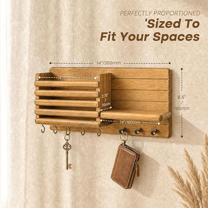 Rebee Vision Key Holder Wall Mount with Mail Slot for Home Decor, Yellow | Pine Wood, Key Holder for Wall, Storage Shelf, 8 Hooks, Mail Holder, Bedroom, Decorative Storage, Apartment Rustic Aesthetic