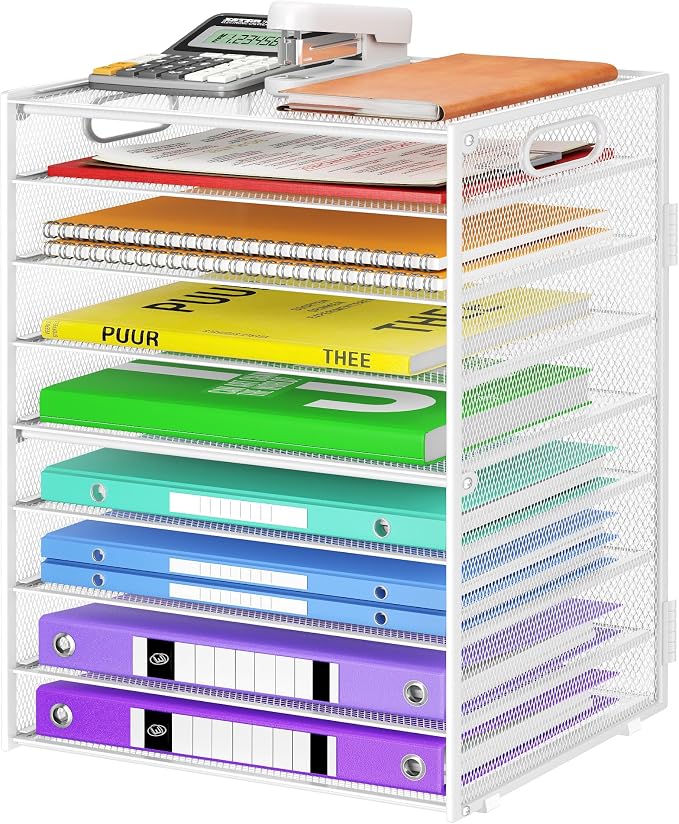 Cawukege 9 Tier Paper Organizer with Handle, White Large Capacity Desk Organizer Mesh File Folder Letter Paper Tray Desktop Document Sorter for Classroom, School, and Office Accessories Organization