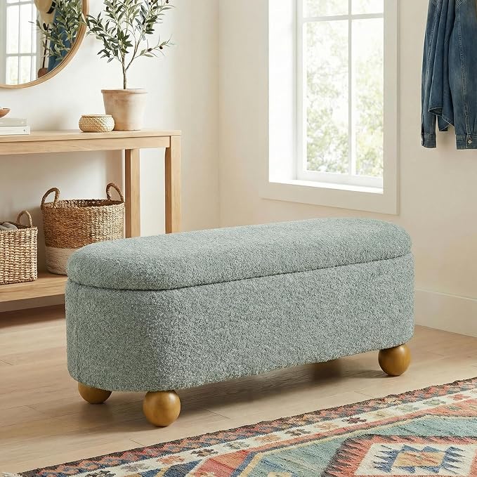 VKNOW 44.8" Storage Ottoman Bench End of Bed Bench with Hinge, Light Green | Cute Spherical Solid Wood Stool Legs, Comfortable Fabric, No Assembly, Bedroom Living Room Entryway Dressing Areas
