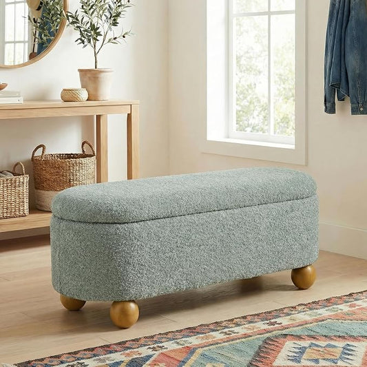 VKNOW 44.8" Storage Ottoman Bench End of Bed Bench with Hinge, Light Green | Cute Spherical Solid Wood Stool Legs, Comfortable Fabric, No Assembly, Bedroom Living Room Entryway Dressing Areas