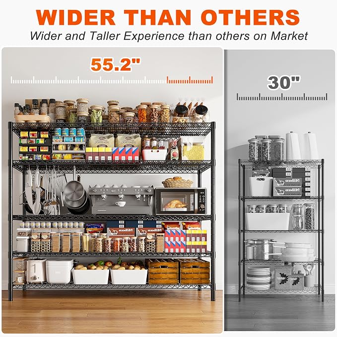 REIBII 85.7" H Storage Shelves 2998LBS Metal Shelving Unit with Wheels & Feet, 5 Tier Garage Shelving Heavy Duty Adjustable Wire Shelf for Pantry Kitchen Garage, 85.7" H X 55.5" W X 24.2" D, 2PCS