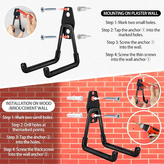 18 Pack Garage Hooks Heavy Duty - Anti-Slip Coating | Garage Storage Hooks for Hanging Bike，Ladder，Garden Tools，Hose
