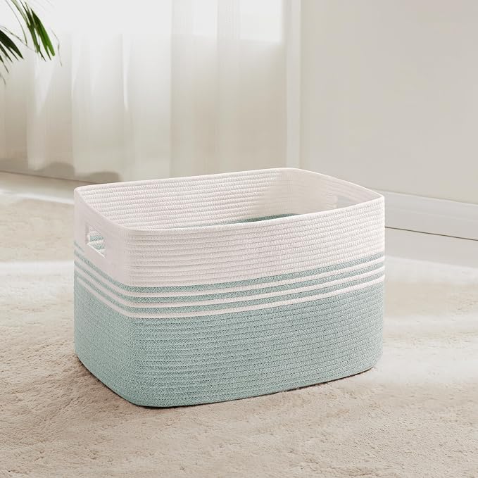 45L Small Woven Laundry Basket Hamper with Handles, Green | collapsible wicker hamper, storage for dirty clothes, toys, blankets, gifts, living room, bedroom, bathroom, 18"x14"x11"