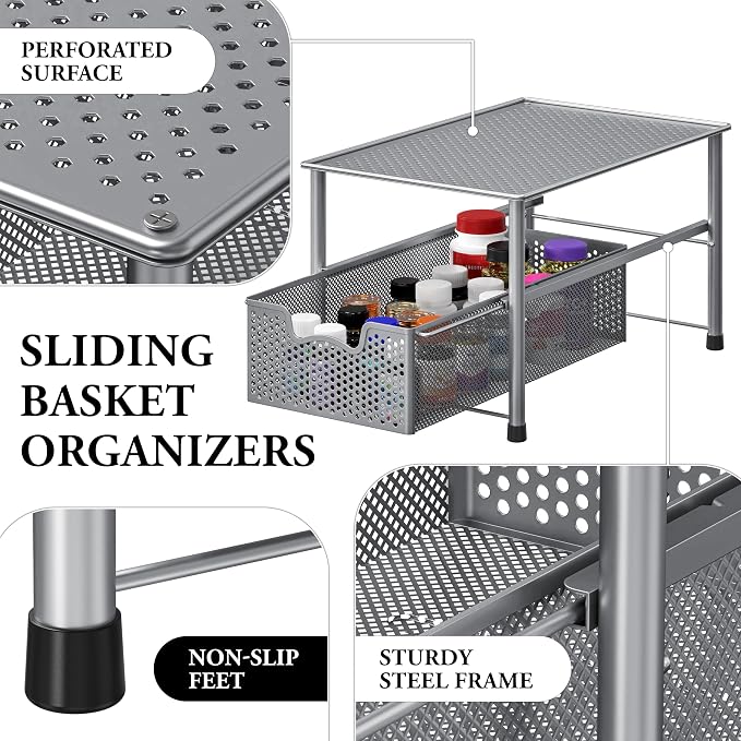 Simple Houseware Stackable Under Sink Sliding Basket Drawer, Silver | Perforated Free Standing Organizer, Kitchen/Pantry/Cabinet/Counter