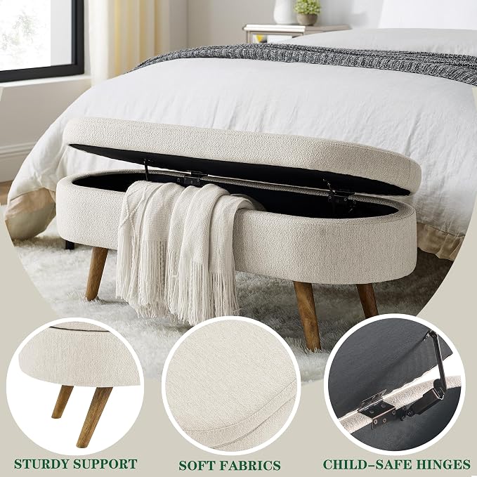 43.5" Ottoman with Storage, Storage Ottoman Bench with Safety Hinge, Linen End of Bed Bench, Upholstered Entryway Bench for Bedroom, Living Room & Window, Holds up to 330 lb, Beige