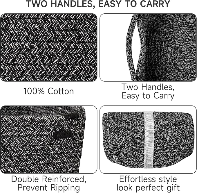 3-Pack Shelf Baskets for Organizing, Closet Organizer Bins, Small Woven Baskets, Rope Toy Basket, Storage Basket for Shelves, Cube Decorative Box, 11.8×7.8×5.1”, Mixed Black