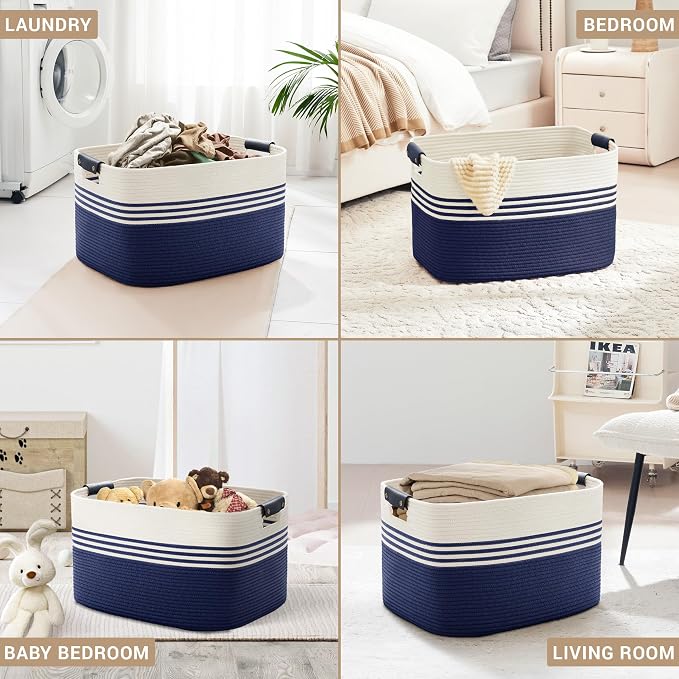100L Large Woven Laundry Basket Hamper with Leather Handles,Navy | collapsible wicker hamper, storage for dirty clothes, toys, blankets, gifts, living room, bedroom, bathroom, 24"x16"x16"