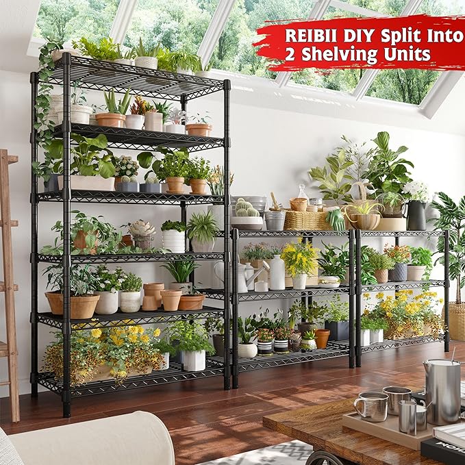 REIBII 75''H 6 Tier Wire Shelving,1800LBS Storage Shelves,Kitchen,Pantry | 19.1mm diameter rods, 300 lbs/shelf, adjustable shelf height with leveling feet, tool-free setup, fits garage/basement