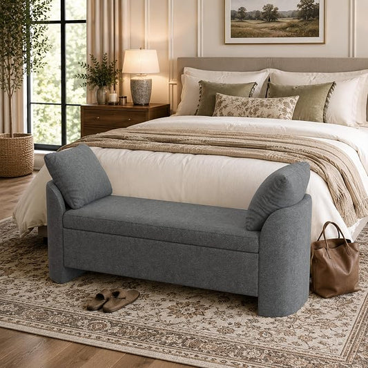 Usaint 58.3" Upholstered Storage Ottoman Bench with 2 Pillows, Charcoal | End of Bed Bench with Curved Arms and Thickened Seat Cushion for Bedroom, Livingroom, Window, Entryway and Dressing Areas