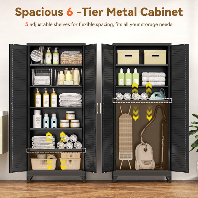 Polup 75" Pantry Cabinet, Tall Metal Storage Cabinet with Doors and Shelves | Black Kitchen Cabinet, 5 Adjustable Shelving, Heavy-Duty Steel, Louvered Doors, Gold Handles, for Garage Office & Laundry