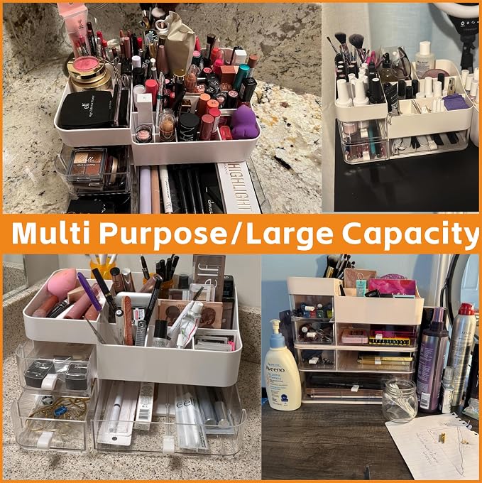 White Countertop Makeup Organizer with 6 Drawers,Large Capacity Skincare Organizers for Vanity,Desk,Dresser,Plastic Bathroom Counter Organizer for Beauty,Skin Care,Perfume,Make up Brush Organization