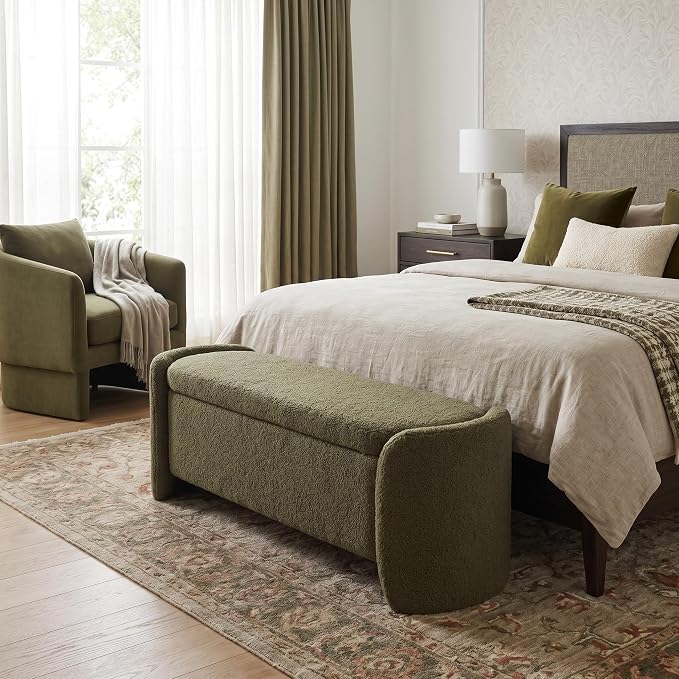 LukeAlon 50 inch Storage Ottoman Bench, Upholstered Faux Leather End of Bed Bench with Large Storage, Shoe Bench for Entryway, Living Room, Bedroom, Solid Wood Frame (Christmas Tree Green)