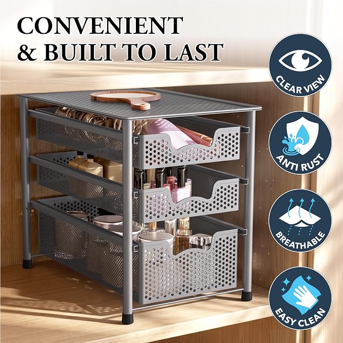 Simple Houseware Stackable 3 Tier Sliding Basket Organizer Drawer, Silver