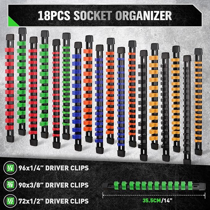 SWANLAKE Socket Organizer Set 18-Piece, 1/4-Inch x 96 Clips, 3/8-Inch x 90 Clips, 1/2-Inch x 72 Clips, Socket Organizer for Tool Box Drawer, Drive Socket Trays, Socket Holder Clip Rail