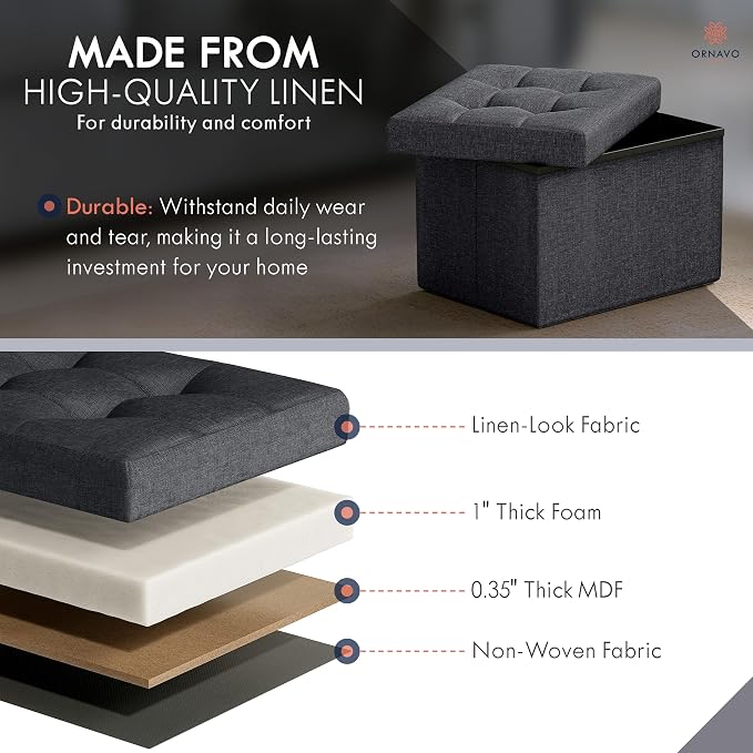 Ornavo Home Small Rectangle Storage Ottoman, Linen, 12x16x12, Black | Collapsible Cube Design; Foot Rest Stool Seat; Ideal for Living Room, Bedroom, Home Office or Dorm