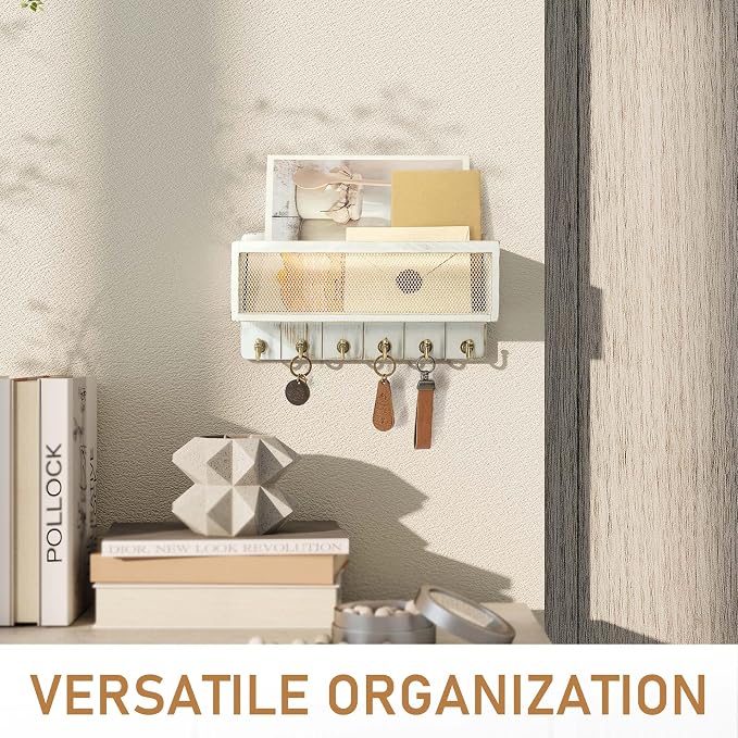 Rebee Vision Key Holder Wall Mount with Mail Basket for Entryway, Whitewash | Pine Wood, Key Holder for Wall, 6 Key Hooks, Mail Organizer, Key Rack & Storage Organizer, Home Essential, Room Decor
