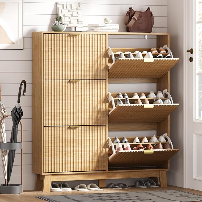 HUANLEGO Shoe Cabinet Storage for Entryway with 6 Flip Drawers, Fluted Narrow Shoe Organizer with Wooden Legs, Freestanding Slim Shoe Storage Hidden Shoe Rack Organizer for Front Door Entrance, Oak