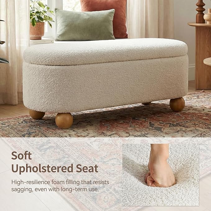 VKNOW 44.8" Storage Ottoman Bench End of Bed Bench with Hinge, Beige | Cute Spherical Solid Wood Stool Legs, Comfortable Fabric, No Assembly, Bedroom Living Room Entryway Dressing Areas